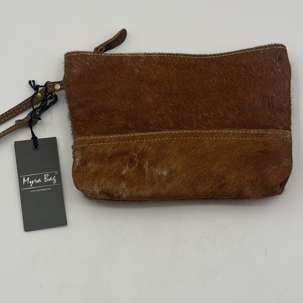 Myra Bag Brown Cowhide Leather Wristlet Clutch Zipper Pouch Western Rodeo Rustic